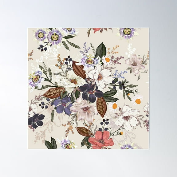 Fashion Vector Vintage Floral Pattern Hand Drawn Flowers Victorian Style Poster Wall Art, Modern Wall Decor For Living Room Bedroom, 17x17 UNFRAMED