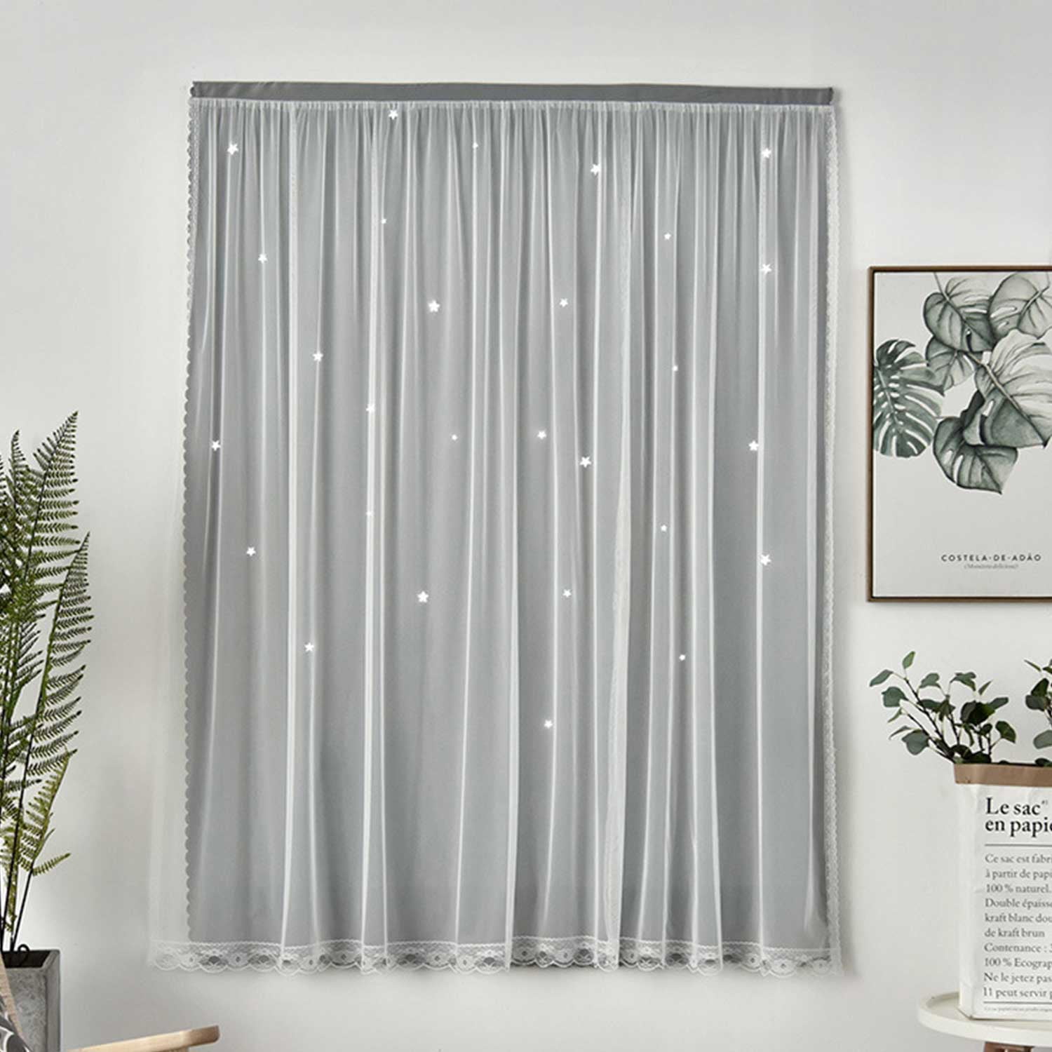 Fashion Velcro Blackout Curtains with Star Translucent Pattern – Double-Layer Polyester Thermal Insulated Curtains for Kids' Room, Study, Living Room (Punch-Free Installation)