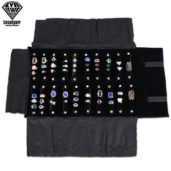 Fashion Velvet Zipper Jewelry Roll Bag for Jewellery Ring Earrings Organizer Storage Bag Portable Necklace Display Cases 5 Color Black rings roll