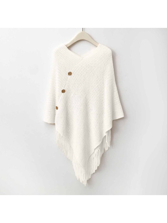 Fashion Versatile Fringe Button Knit Openwork Warm Shawl Wrap Cardigan Pullover Soft Lightweight Outerwear Layer for Women