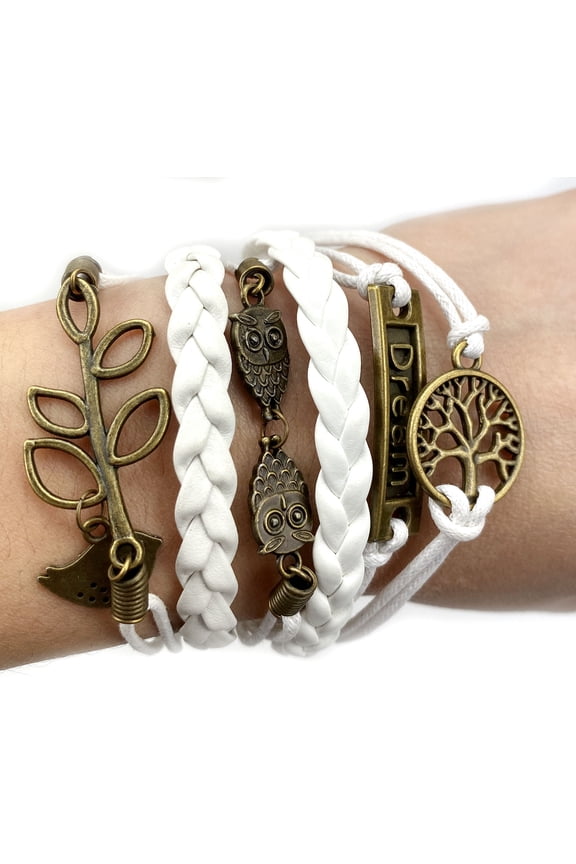 Fashion Vintage Bronze Dream Tree Leaf Owls Charms White Braided Leather Rope Bracelet