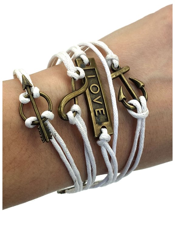 Fashion Vintage Bronze Infinity Arrow Love Anchor White Braided Leather Rope Bracelet