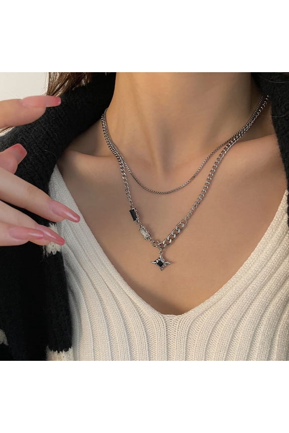 Fashion Vintage Double Layer Quadrangular Star Pendant Chain Necklace For Men Women Y2K Jewelry Accessories Gift