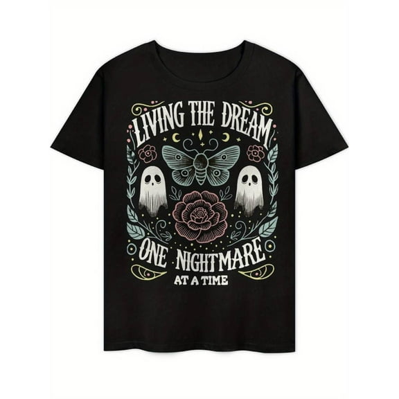 Fashion Vintage Graphic Tee,Tops Has"Living The Dream One Nightmare At A Time"Text,Casual Round Neck Regular Fit Tee, Size(S-5XL)