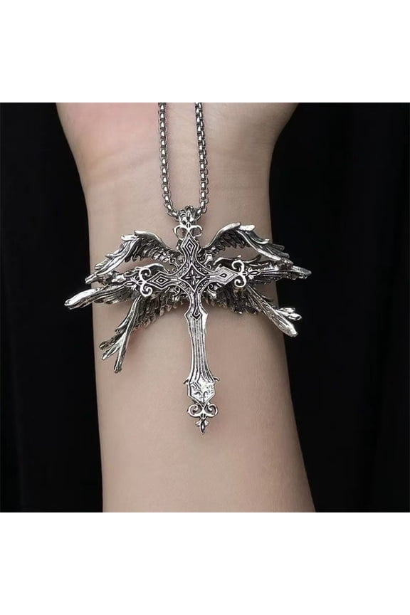 Fashion Vintage Holy Angel Six Winged Cross Pendant Necklace Personalized Men'S Punk Trend Amulet Jewelry Gift With For You Accessories Trendy Creative Gift