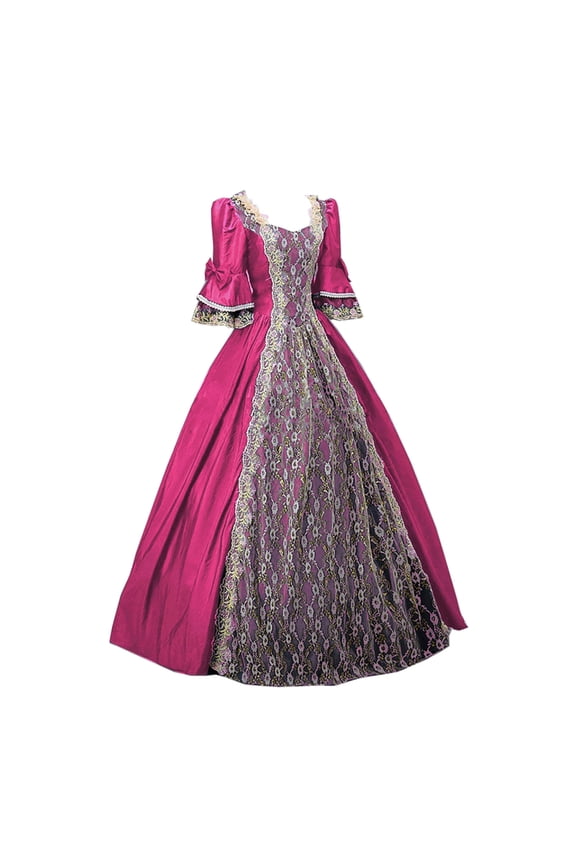 Fashion Vintage Tea Party Ball Gown Medieval Evening Dress for Women Lace Ruffle Sleeve Princess Costumes Plus Size Wedding Guest Dresses Hot Pink XXXXXL