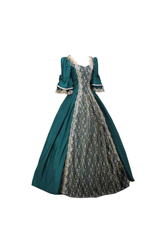 Fashion Vintage Tea Party Ball Gown Medieval Evening Dress for Women Lace Ruffle Sleeve Princess Costumes Plus Size Wedding Guest Dresses Blue XXL