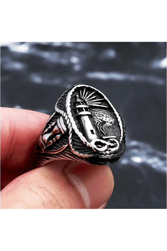 Fashion Vintage Viking Lighthouse Ring for Men Punk Unique 14K White Gold Seafaring Sailor Amulet Rings Jewelry