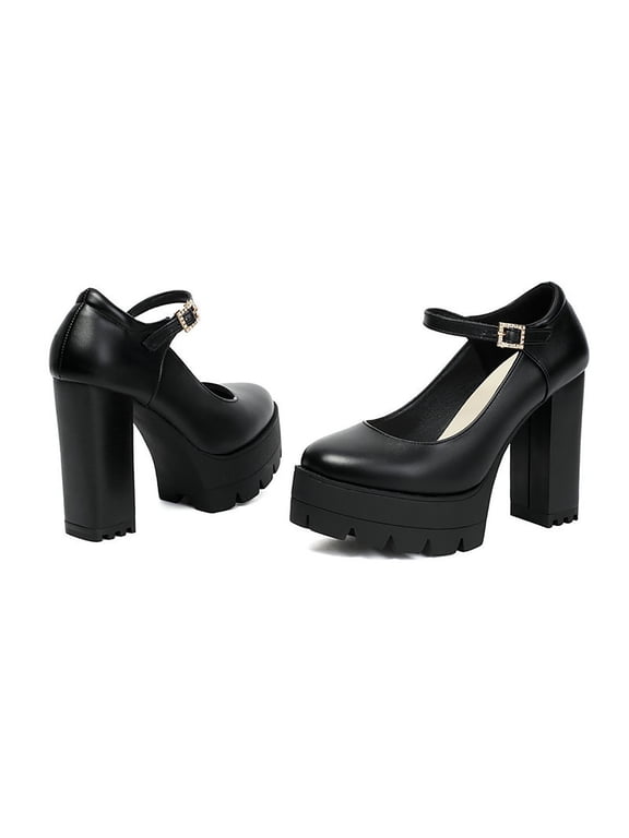 Fashion Vintage Womens Solid Color Pumps Ladies High Heeled Shoes Casual Buckle Thick Heel High Heel Shoes Stage Performance Shoes