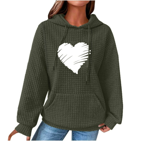 Fashion Waffle Long Sleeve Hoodies for Women Plus Size Cute Graphic Print Casual Pullover Sweatshirt Fall Winter Tops(Army Green,XXXL)