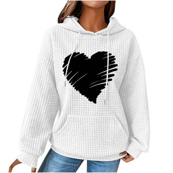 Fashion Waffle Long Sleeve Hoodies for Women Plus Size Cute Graphic Print Casual Pullover Sweatshirt Fall Winter Tops(White,XXL)