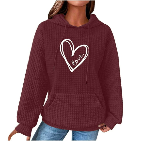 Fashion Waffle Long Sleeve Hoodies for Women Plus Size Cute Graphic Print Casual Pullover Sweatshirt Fall Winter Tops (Wine,2XL)