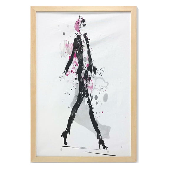 Fashion Wall Art with Frame, Woman Model on Catwalk Runway in Vintage Clothes Design Illustration, Printed Fabric Poster for Bathroom Living Room Dorms, 23" x 35", Black and Pink, by Ambesonne