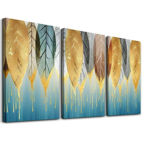 Fashion Wall Art for Living Room Family Wall Decor for Bedroom Modern Wall Decorations for Kitchen Canvas Art Golden Leaves Abstract Paintings Bathroom Hang Pictures Artwork Home Decoration 3 Pieces