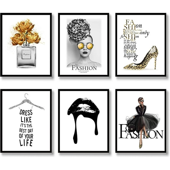 Fashion Wall Art Print Set of 6 Pieces Canvas Wall Art Black and White Fashion Poster Modern Woman Perfume Lips Highheeled Shoes Pictures for Bedroom Living Room Girls Gorgeous Wall Decor (8x10