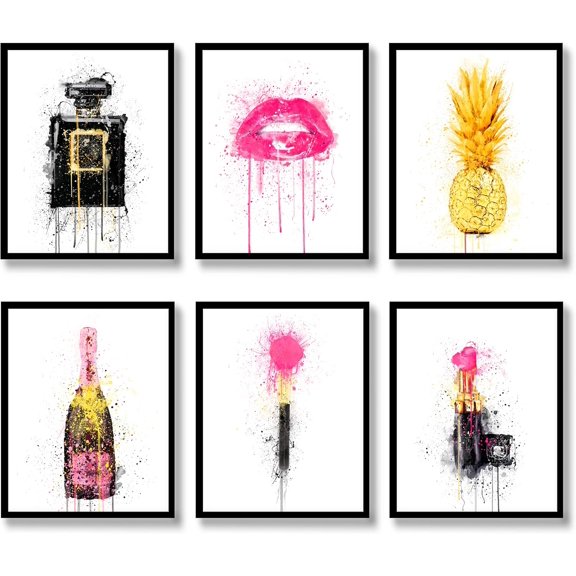 Fashion Canvas Wall Art Prints Set of 6 Watercolor style Canvas Wall Art Decor Makeup Perfume Lipstick Lips Champagne Pictures Photos Posters for Bedroom Living Room 8x10 inch Unframed