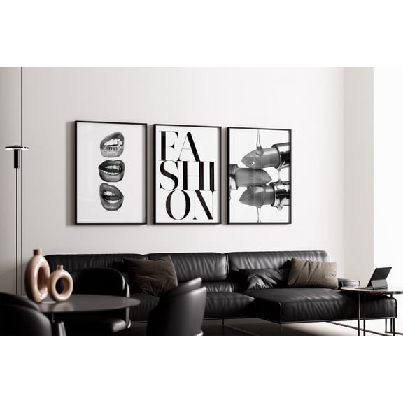Fashion Wall Art Set Black and White Lips New York Typography Poster Set 3