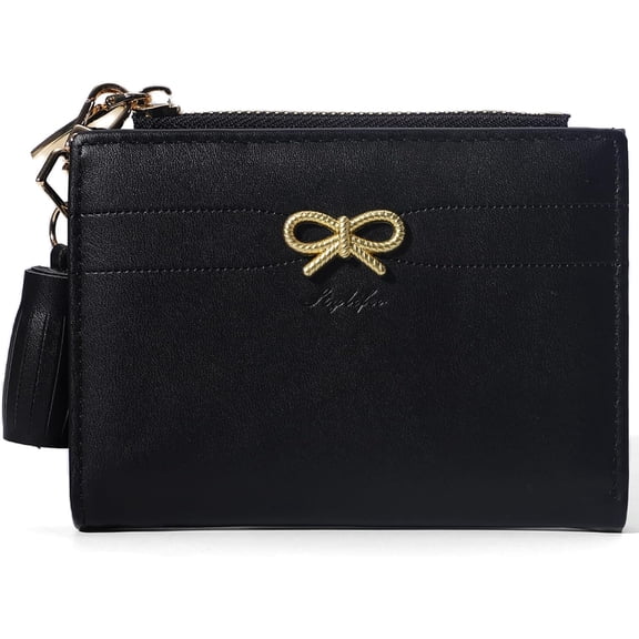 Fashion Wallets Girls Cute Small Bow Wallet Aesthetic Card Holder Bifold Wallet  Purse  Pocket with Zipper for Women (Bi-Fold Wallet, Black)