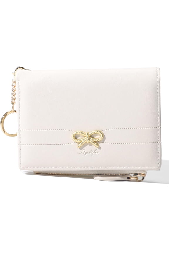 Fashion Wallets Girls Cute Small Bow Wallet Aesthetic Card Holder Bifold Wallet Purse Pocket with Zipper for Women (Simple Bow, Beige)