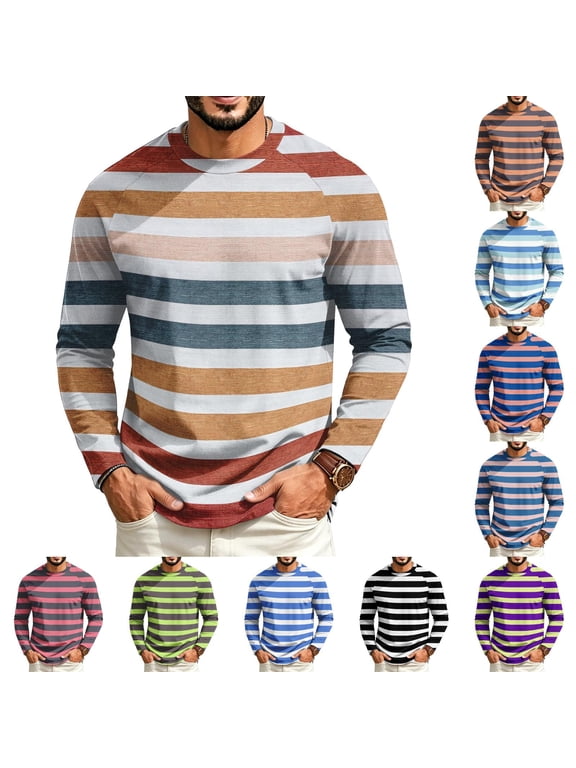Fashion Warm Toned Wide Striped T-Shirt for Men, Crew Neck Raglan Sleeve Long Sleeve Pullover Top, Soft Fall Casual Streetwear Clothes Orange S