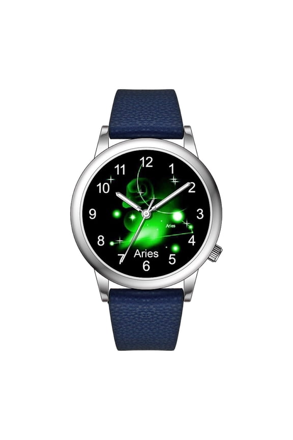 Fashion Watch Constellation dials 36mm Alloy Case Japanese PC21J Quartz Movement Synthetic Leather Watch(ARIES/BLACk)