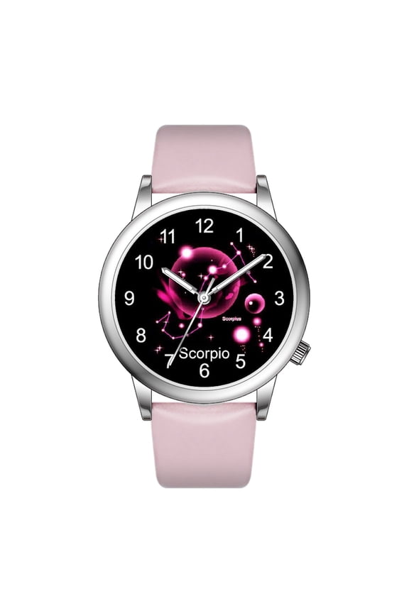 Fashion Watch Constellation dials 36mm Alloy Case Japanese PC21J Quartz Movement Synthetic Leather Watch (Pink/Scorpio)