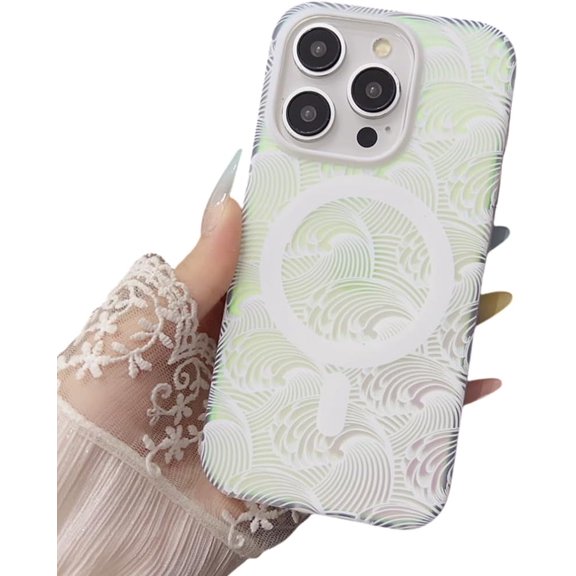 Fashion Wave Pattern Laser Magnetic Wireless Charging Case for iPhone 11 12 13 14 15 Pro Max Hard Pc Bumper Cover(for iPhone 12 ProMax/White)