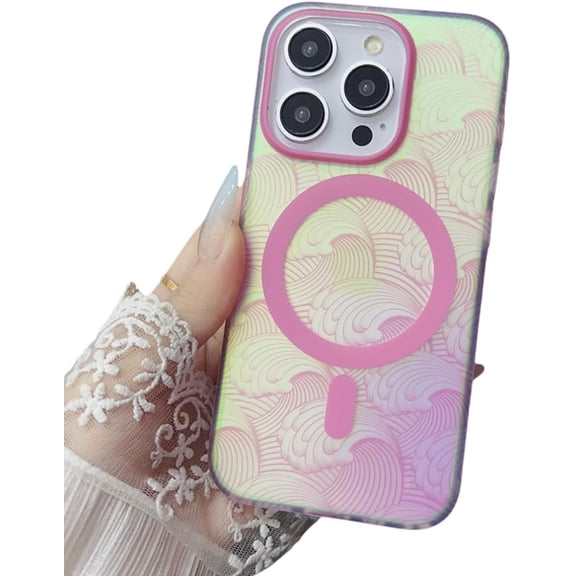 Fashion Wave Pattern Laser Magnetic Wireless Charging Case for iPhone 11 12 13 14 15 Pro Max Hard Pc Bumper Cover(for iPhone 13/Pink)