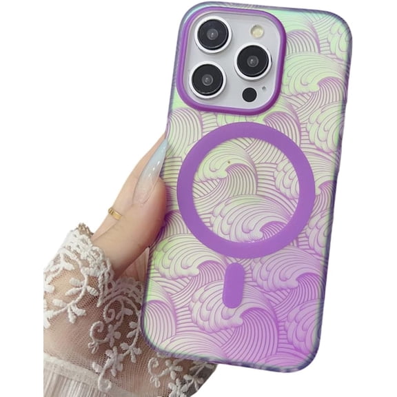 Fashion Wave Pattern Laser Magnetic Wireless Charging Case for iPhone 11 12 13 14 15 Pro Max Hard Pc Bumper Cover(for iPhone 15 ProMax/Purple)