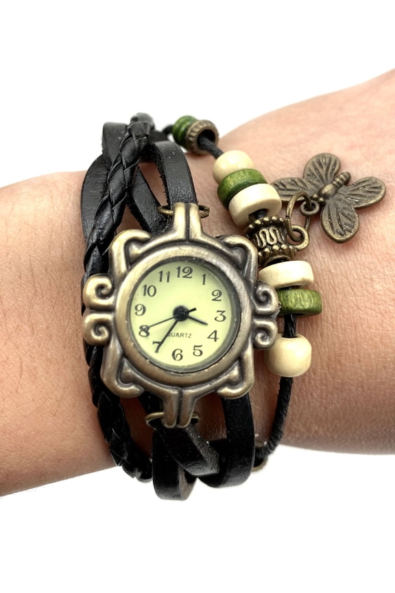 Fashion Weave Wrap Around Leather Bracelet Lady Woman Wrist Watch Accessories- black