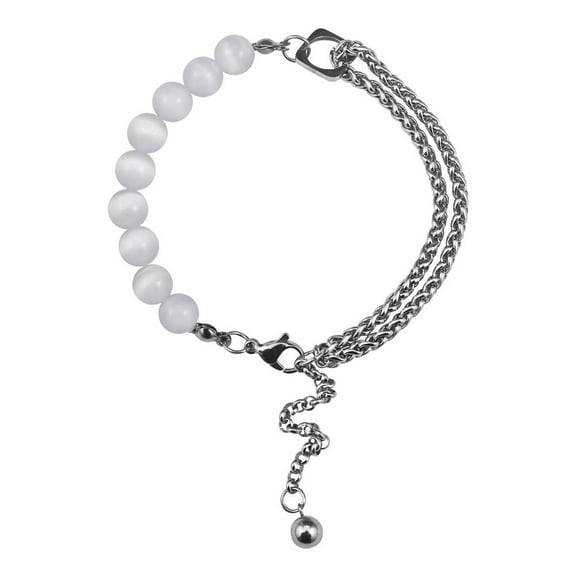 Fashion White Cat Eye Beads Bracelets Ins Style Stainless Steel Layered Bracelets for Men Women, YQZIYOU