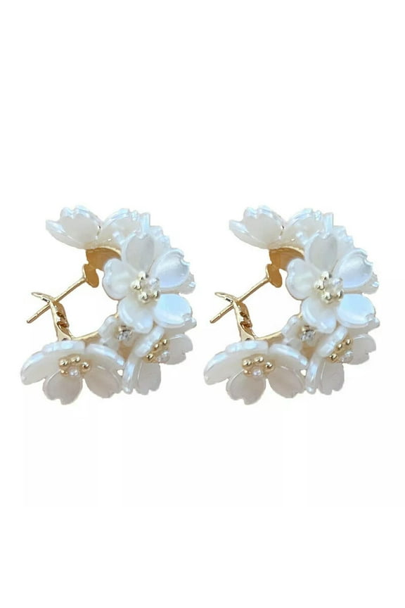 Fashion White Flower Pearl Earrings Hoop Dangle Women Wedding Party Jewelry Gift-default