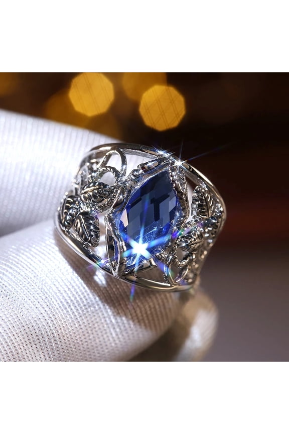 Fashion Wide Women Ring for Party Daily Wearable Jewelry Noble Rhombus Cut Blue Horse Eye Drill Stone Hollow Leaf Rings