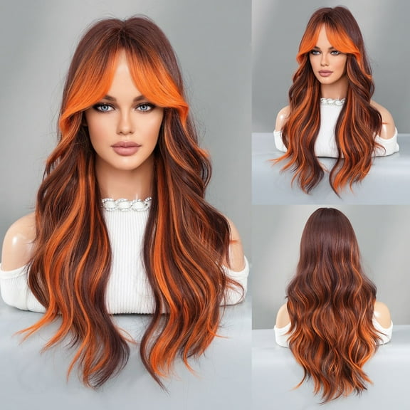 Fashion Wig for Women with Bangs, Full Head, Colorful Flame Orange Highlighted Long Curly Hair