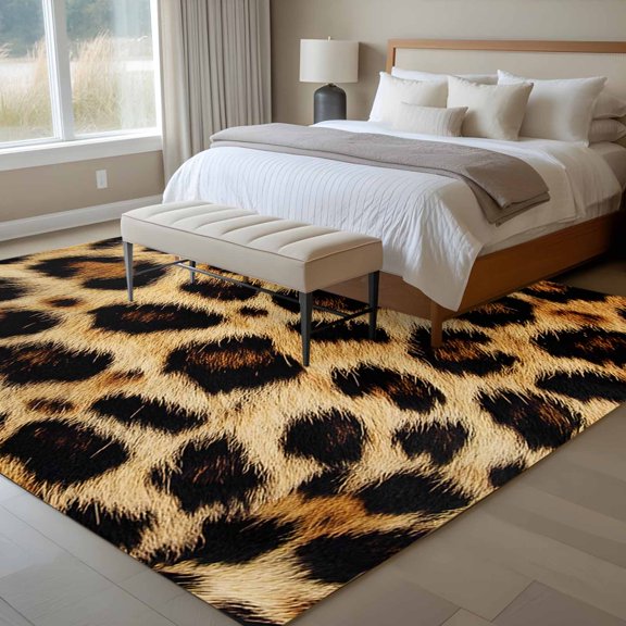 Fashion Wild Style 6x9 Rug for Dining Room Table and Chair Setup, Vintage Brown Leopard Print Low Pile Washable Non Slip Rectangle Area Rug