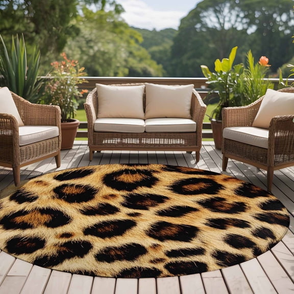 Fashion Wild Style 8ft Round Rug for Open Concept Living Room Seating Zone, Vintage Brown Leopard Print Washable Non Slip Large Circle Area Rug