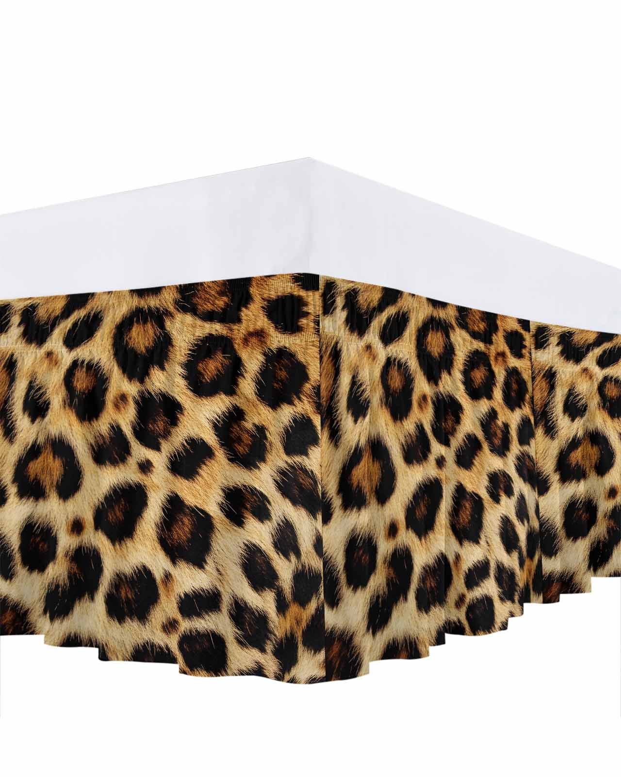 Fashion Wild Style Bed Skirt King Size 18" Drop Vintage Brown Leopard Print Ruffled Wrap Around Bed Skirts Adjustable Elastic Bedskirt Dust Ruffle for King Size Bed