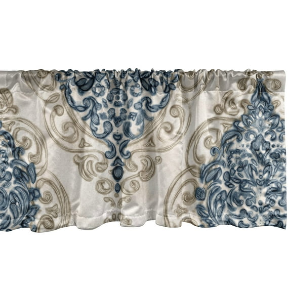 Fashion Window Valance, Geometric Style Repeating Floral Motifs Pattern Abstract Illustration, Curtain Valance for Kitchen Bedroom with Rod Pocket, 54" X 18", Purpleblue and Dark Tan, by Ambesonne