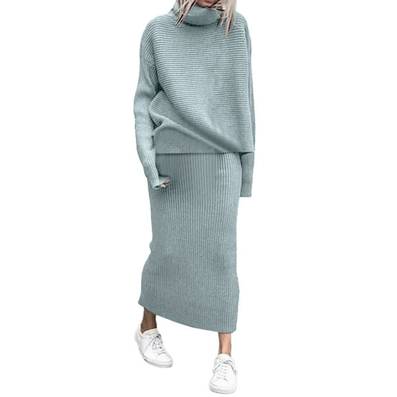 Fashion Winter 2 Piece Ribbed Knitted Sweater Set - Turtleneck Dress & Top - Polyester Blend for Elegant/Casual Occasions