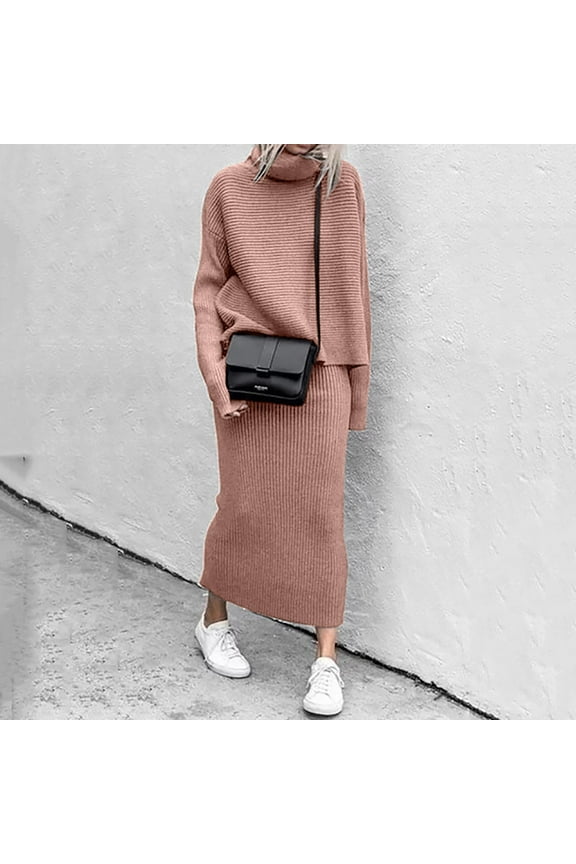 Fashion Winter 2 Piece Ribbed Knitted Wool Sweater Turtleneck Women Set Female Elegant Women Casual Dresses Sequin Gown Jacket Evening Top for Long Skirts for Women Skirt for Petite Evening Gown with