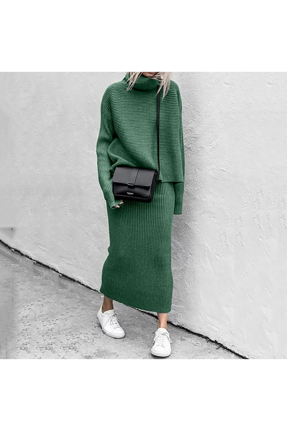 Fashion Winter 2 Piece Ribbed Knitted Wool Sweater Turtleneck Women Set Female Elegant Women Casual Dresses Sequin Gown Jacket Evening Top for Long Skirts for Women Skirt for Petite Evening Gown with