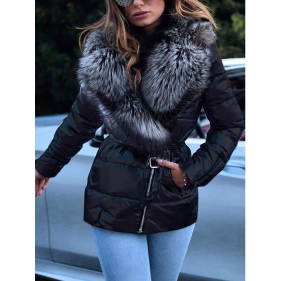 Fashion Winter Cotton Jacket With Big Fur Turndown Collar Silver Black Waterproof Lace Up Coat