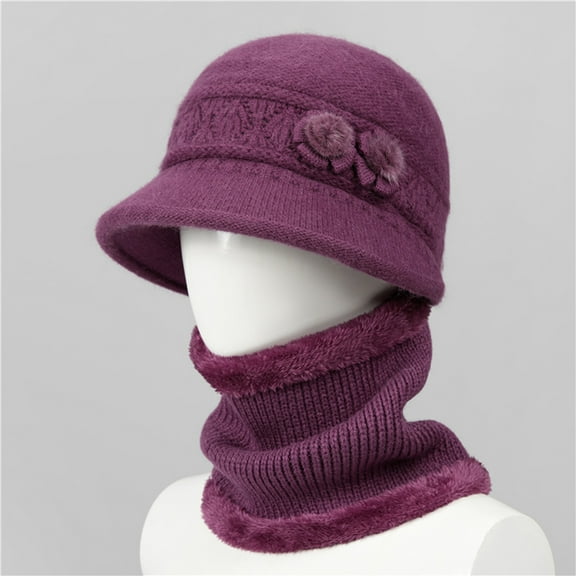 Fashion Winter Hat Scarf Set for Women Knit Flower Cloche Bucket Hat and Neck Warmer Set, Cold Weather Accessories for Outdoor Sports (Purple)