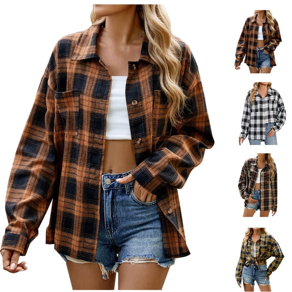 Fashion Winter Plaid Jackets for Womens Oversize Casual Lapel Plaid Long Sleeve Unless Casual Coat