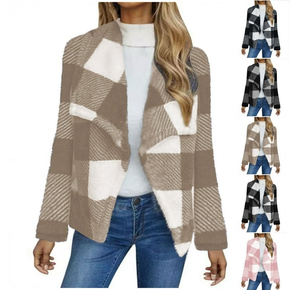 Fashion Winter Plaid Jackets for Womens Oversize Double-sided Fleece Plaid Long Sleeved Jacket Cardigan Overcoat Top