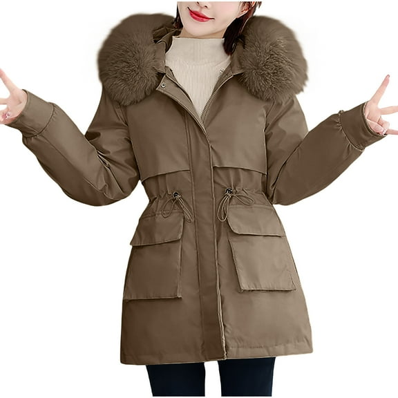 Fashion Winter Warm Hooded Coats for Womens Plus Size Solid Color Long Sleeved Waist Tied Jacket With Large Collar Hooded Pocket Zipper Jacket Detachable Inner Lining