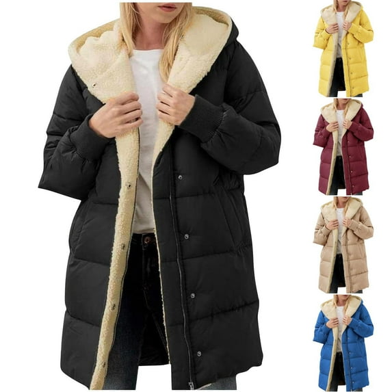 Fashion Winter Warm Hooded Coats for Womens Plus Size Casual Solid Color Pocket Zippered Reversible Long Coat