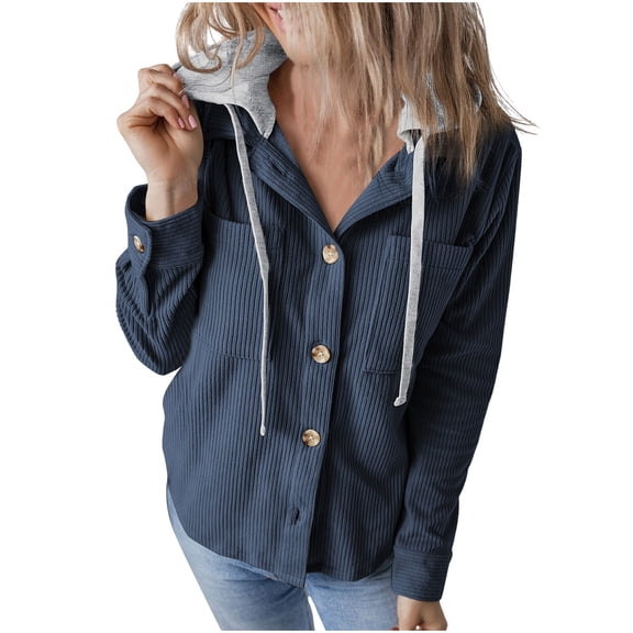Fashion Winter Warm Jackets for Womens Plus Size Casual Solid Color Button Corduroy Hooded Cardigan Jacket Pocket Jacket Long Sleeved Top