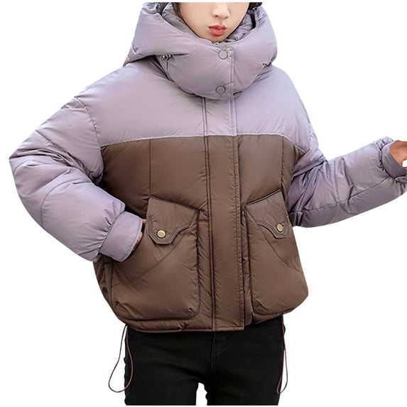 Fashion Winter Warm Jackets for Womens Plus Size Solid Color Blocked Short Style Loose And Thick Hooded Pocket Zipper Jacket Long Sleeved Jacket