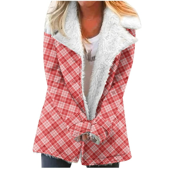 Fashion Winter Warm Jackets for Womens Plus Size Zip Up Plaid Printed Fashionable Long Sleeved Pocket Composite Plush Button Coat
